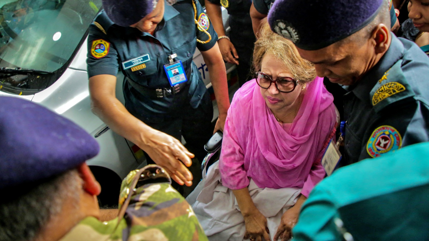 A 2018 photo of Bangladesh main opposition leader and Bangladesh Nationalist Party chairperson Khaleda Zia (Centre) when she was escorted to a hospital in Dhaka on October 6, 2018.