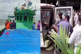 PRESSURE COOKER BLAST AT SEA  PRESSURE COOKER BLAST AT KOZHIKODE  FISHERMEN INJURED IN COOKER BLAST  കുക്കര്‍ പൊട്ടിത്തെറിച്ച് അപകടം