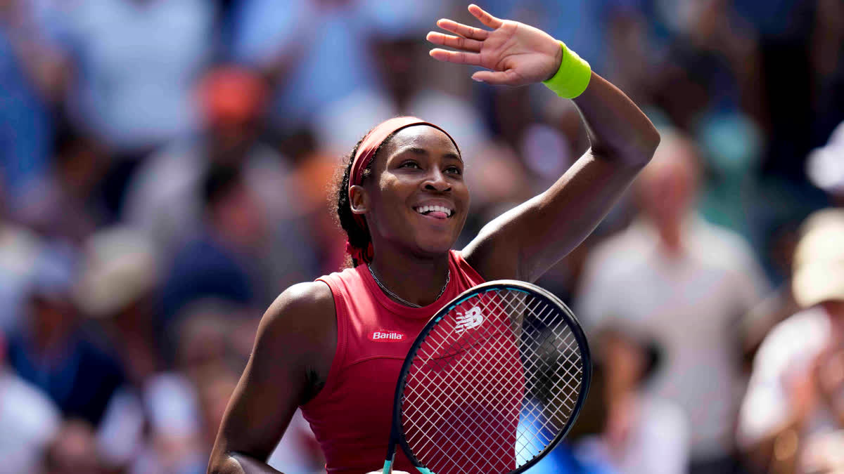 Coco Gauff, of the United States, reacts to the crowd after defeating Jelena Ostapenko, of Latvia, during the quarterfinals of the U.S. Open tennis championships, Tuesday, Sept. 5, 2023, in New York.
