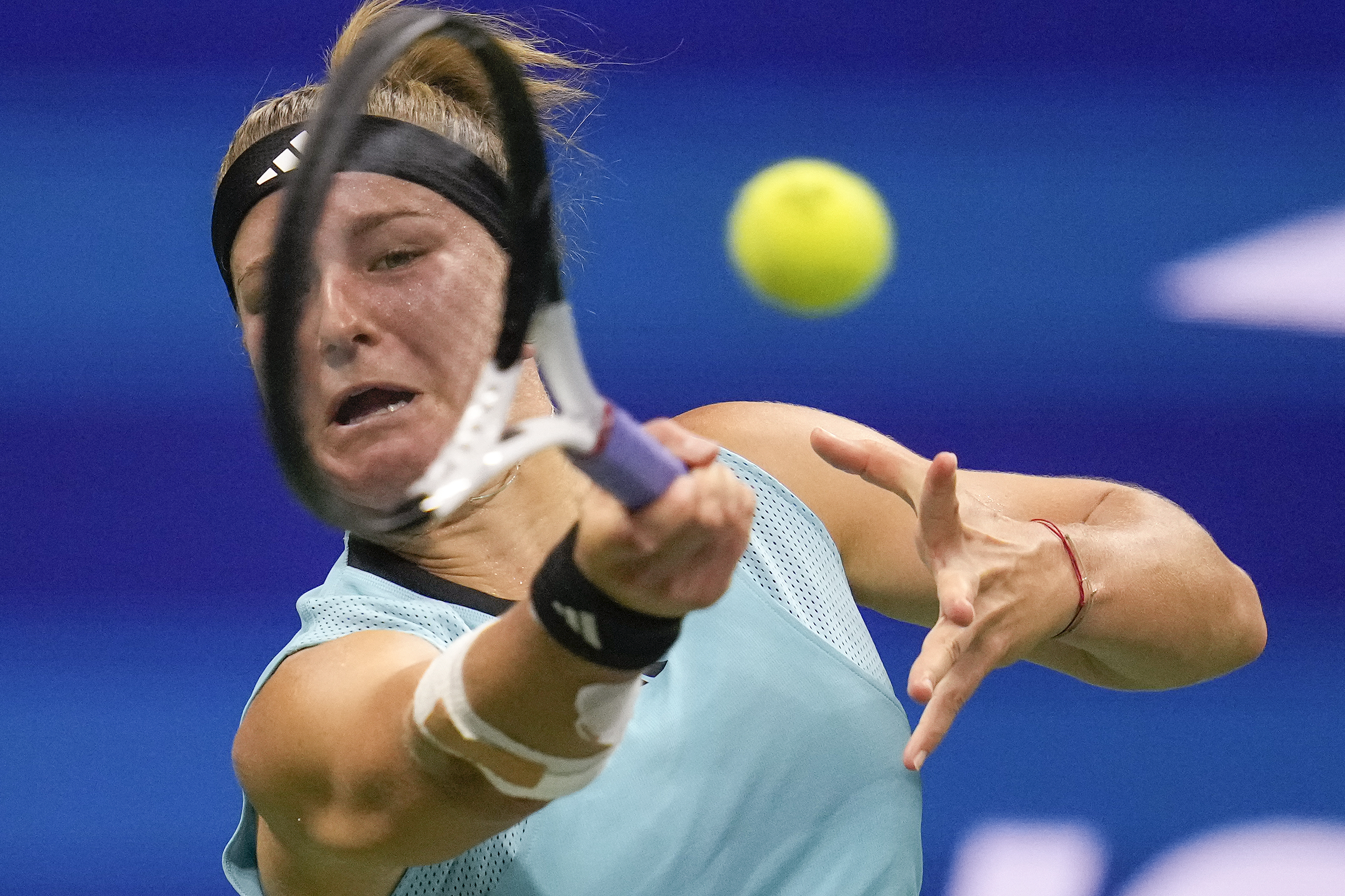 Karolina Muchova, of the Czech Republic, reacts during a match against Sorana Cirstea, of Romania, during the quarterfinals of the U.S. Open tennis championships, Tuesday, Sept. 5, 2023, in New York.