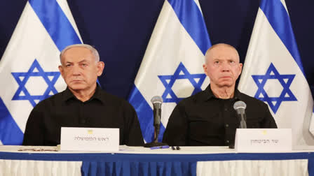 Israeli Prime Minister Benjamin Netanyahu, left and Defense Minister Yoav Gallant attend a press conference in the Kirya military base in Tel Aviv, Israel, Oct. 28, 2023