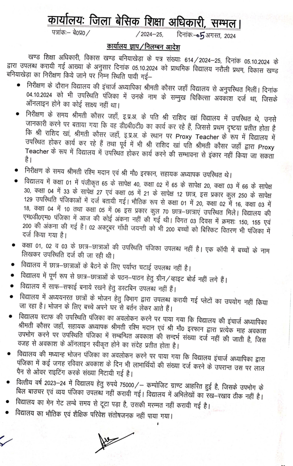 बीएसए ने प्रधानाध्यापिका को निलंबित करते हुए जांच के आदेश दिए हैं.