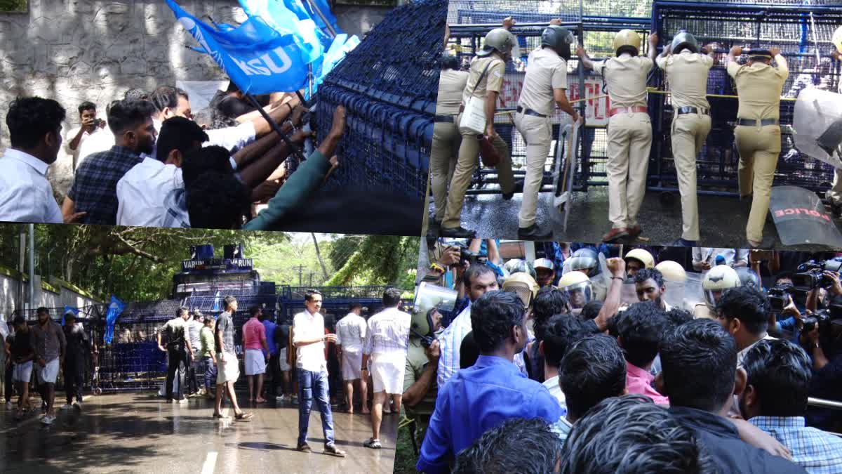 KSU March Becomes Violent  March Becomes Violent Due To Police Lathi Charge  KSU March On College Union Election  Kerala Varma College Union Election  KSU March And Police Lathi Charge  കോളജ് യൂണിയന്‍ തെരഞ്ഞെടുപ്പ് അട്ടിമറി  കെഎസ്‌യു മാര്‍ച്ച് അക്രമാസക്തം  കെഎസ്‌യു പ്രവര്‍ത്തകര്‍ക്ക് പരിക്ക്  കേരള വര്‍മ്മ കോളജ് തെരഞ്ഞെടുപ്പ്  മന്ത്രി ആര്‍ ബിന്ദുവിന്‍റെ വസതിയിലേക്ക് മാര്‍ച്ച്