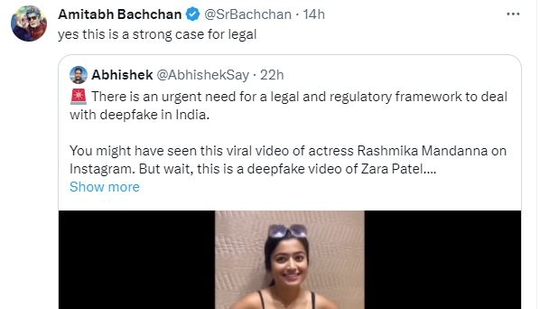 rashmika mandanna  actor rashmika mandanna  Rashmika Mandanna deepfake video  AI rashmika mandanna  rashmika mandanna fake video  Rashmika Mandanna video turns AI manipulated  രശ്‌മിക മന്ദാനയുടെ മോർഫ് ചെയ്‌ത വീഡിയോ വൈറൽ  Amitabh Bachchan Demands Legal Action  നടി രശ്‌മിക മന്ദാനയുടേതെന്ന പേരിൽ വീഡിയോ  രശ്‌മിക മന്ദാനയുടെ മോർഫ് ചെയ്‌ത വീഡിയോ  രശ്‌മിക മന്ദാന മോർഫ്  നടൻ അമിതാഭ് ബച്ചൻ  നിയമപരമായ നടപടി ആവശ്യപ്പെട്ട് അമിതാഭ് ബച്ചൻ  ഡീപ് ഫേക്ക് വീഡിയോ  രശ്‌മിക മന്ദാന ഡീപ് ഫേക്ക് വീഡിയോ