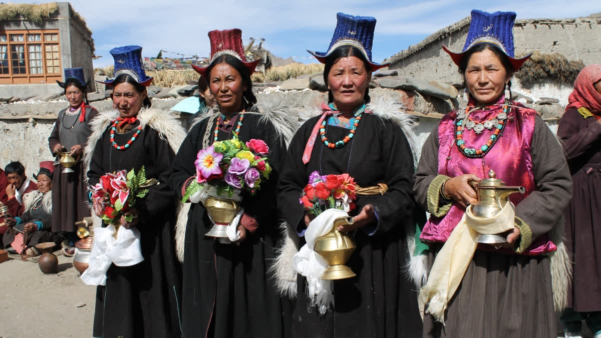 Women of Gya village in Ladakh in their traditional dress.