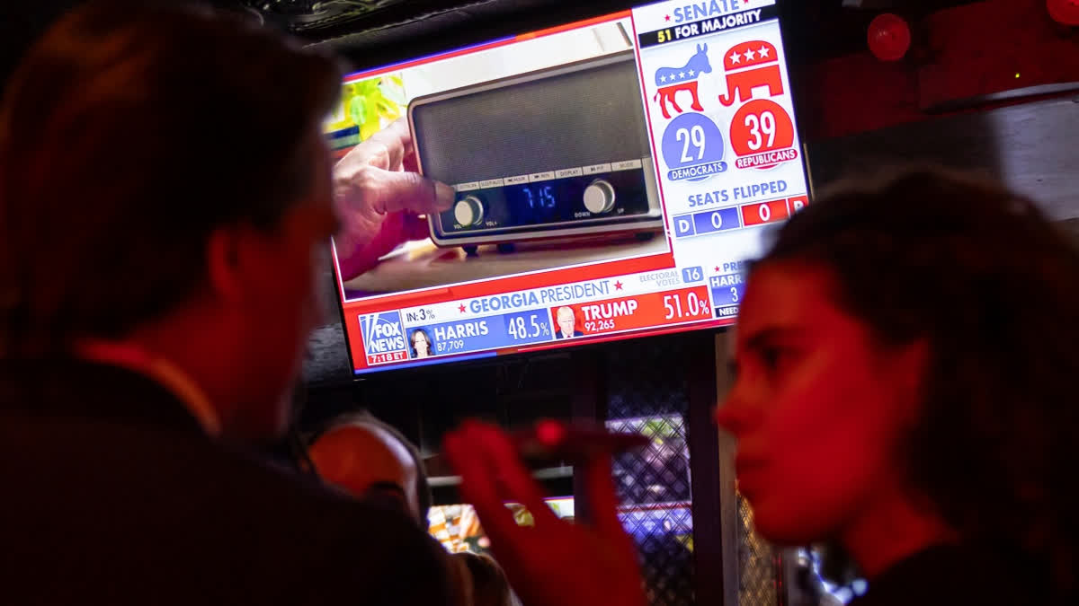 People watch screens showing poll results at a watch party hosted by the New York Young Republican Club in New York on Election Day, Tuesday, Nov. 5, 2024.