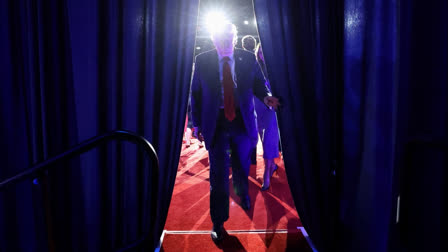 Donald Trump walks off stage during an election night event at the Palm Beach Convention Center on November 06, 2024 in West Palm Beach, Florida.