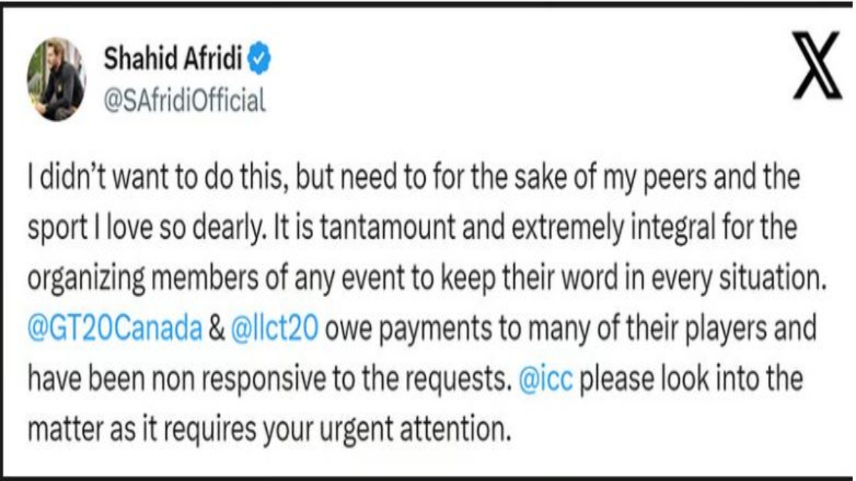 Shahid Afridi claims GT20 Canada, Legends League Cricket organisers owe money to players, deletes tweet after tagging ICC