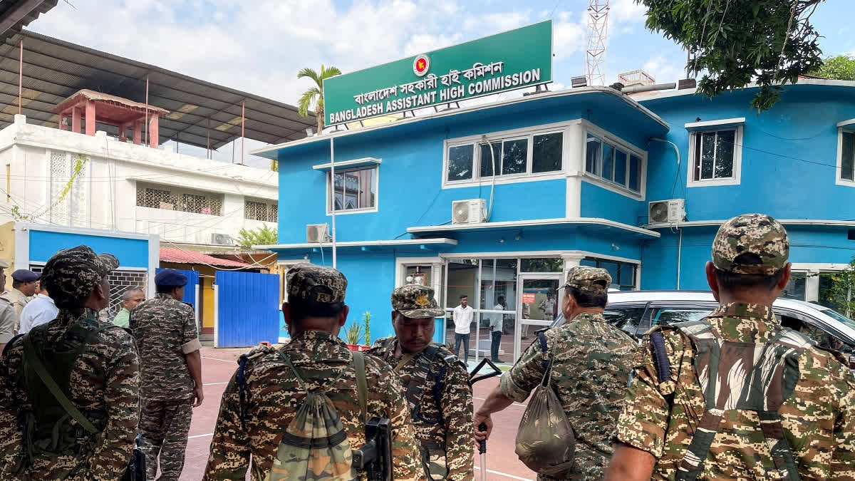 Security beefed up after protesters broke out police barricades during a protest against atrocities on minorities in Bangladesh, at the Assistant High Commission in Agartala on Monday.