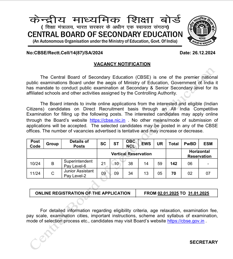 CBSEમાં  સુપરિન્ટેન્ડેન્ટ, જુનિયર આસિસ્ટન્ટની ભરતીની જાહેરાત