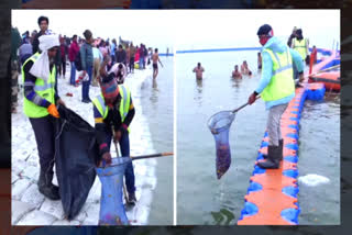 Screengrab of sanitation workers removing debris from the Ganga river in Prayagraj.