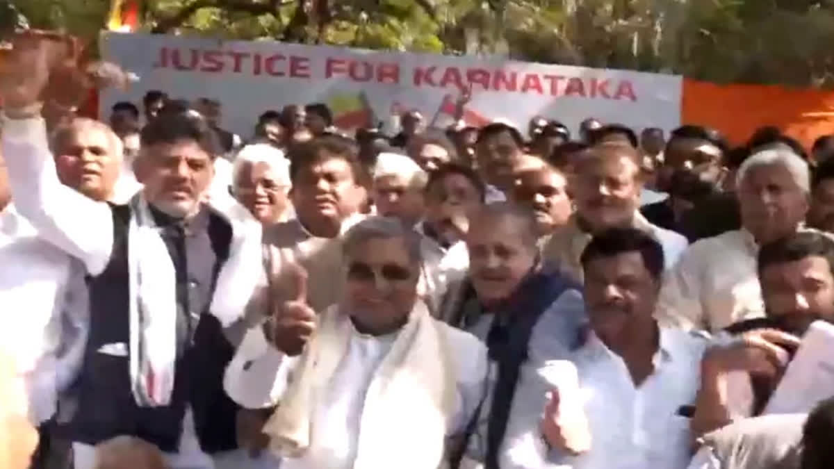 Karnataka Chief Minister Siddaramaiah and Deputy Chief Minister DK Shivakumar arrived at Jantar Mantar in New Delhi to protest against the Central government's tax devolution policies to the southern state.