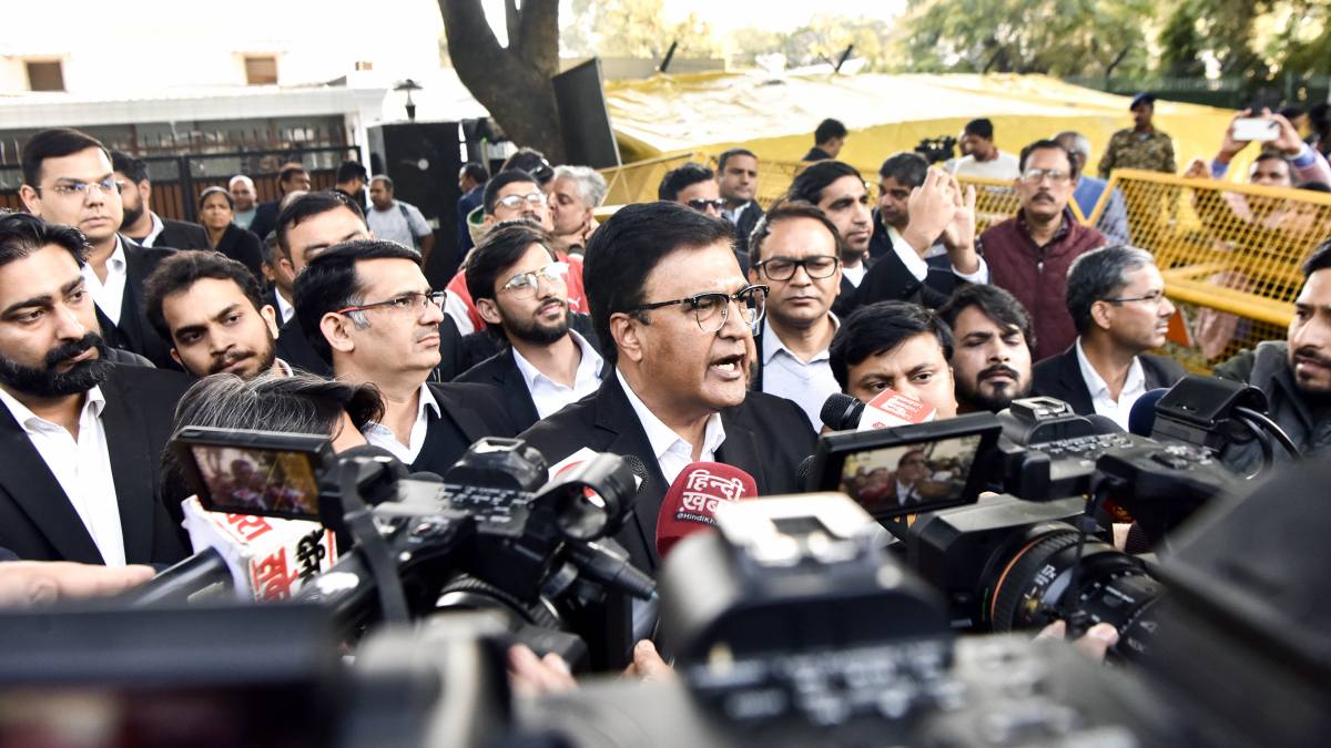 Aam Aadmi Party's Legal Cell President Sanjeev Nasiar speaks to the media after the Anti Corruption Bureau (ACB) team was denied entry at party national convener Arvind Kejriwal's residence, who arrived to conduct an inquiry on allegations of bribes offered to MLAs of the AAP, in New Delhi on Friday.