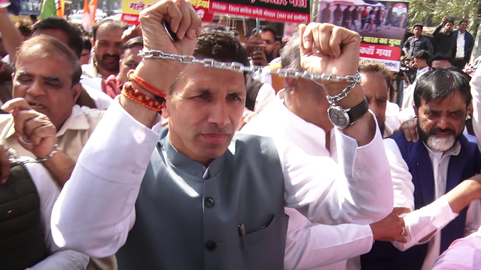 Jitu Patwari Protest Wear Handcuff