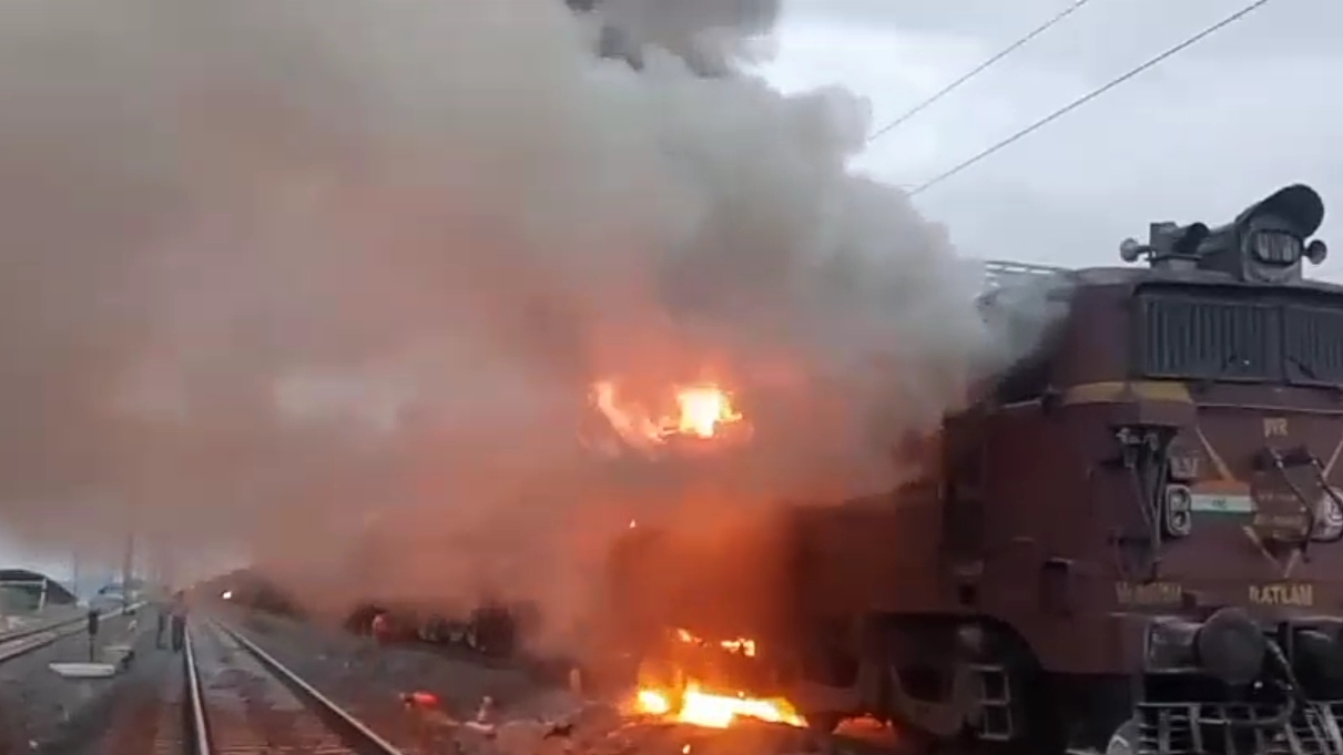 GOODS TRAIN ENGINE CATCHES FIRE near bina