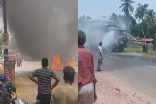 MOVING LORRY CAUGHT FIRE TVM  ലോറിക്ക് തീപിടിച്ചു  പോത്തന്‍കോട് ലോറി തീപിടിത്തം  POTHENCODE LORRY