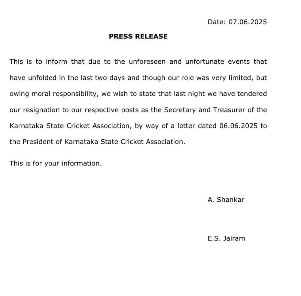 KSCA Secretary and Treasurer resigns after taking moral responsibility for stampede incident