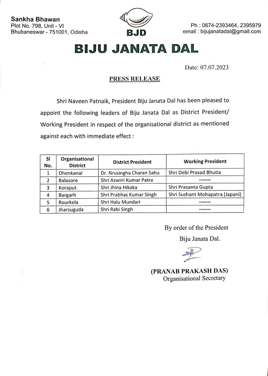 bjd appoints new president in 6 district