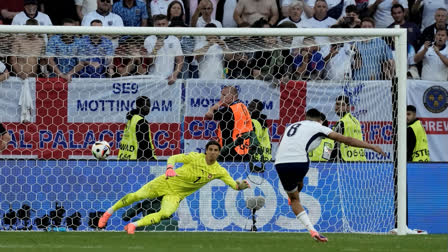 Trent Alexander-Arnold converted the winning spot kick in a penalty shootout to send England into the semi-finals of Euro 2024. Pre-tournament favourites England qualified for the semi-final winning the shootout 5-3 after the match was level at 1-1 after extra time.