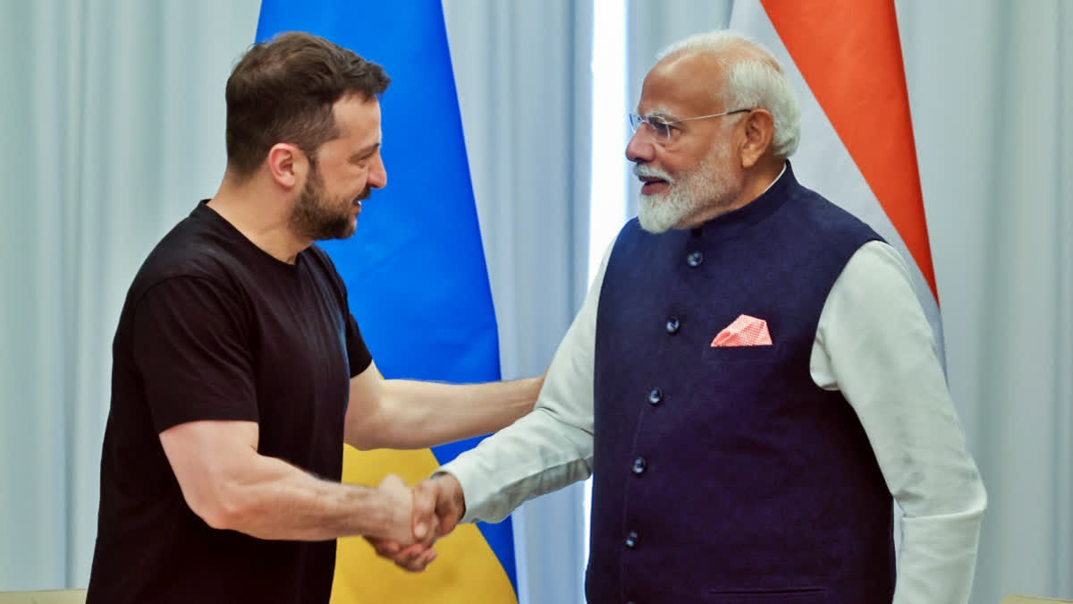 Prime Minister Narendra Modi meets with Ukraine President Volodymyr Zelenskyy on the sidelines of the G7 Summit, in Apulia on June 14.