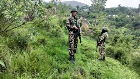 Security personnel stand guard during an encounter that broke out between security forces and militants, in the Bastangarh area of Udhampur on Tuesday.