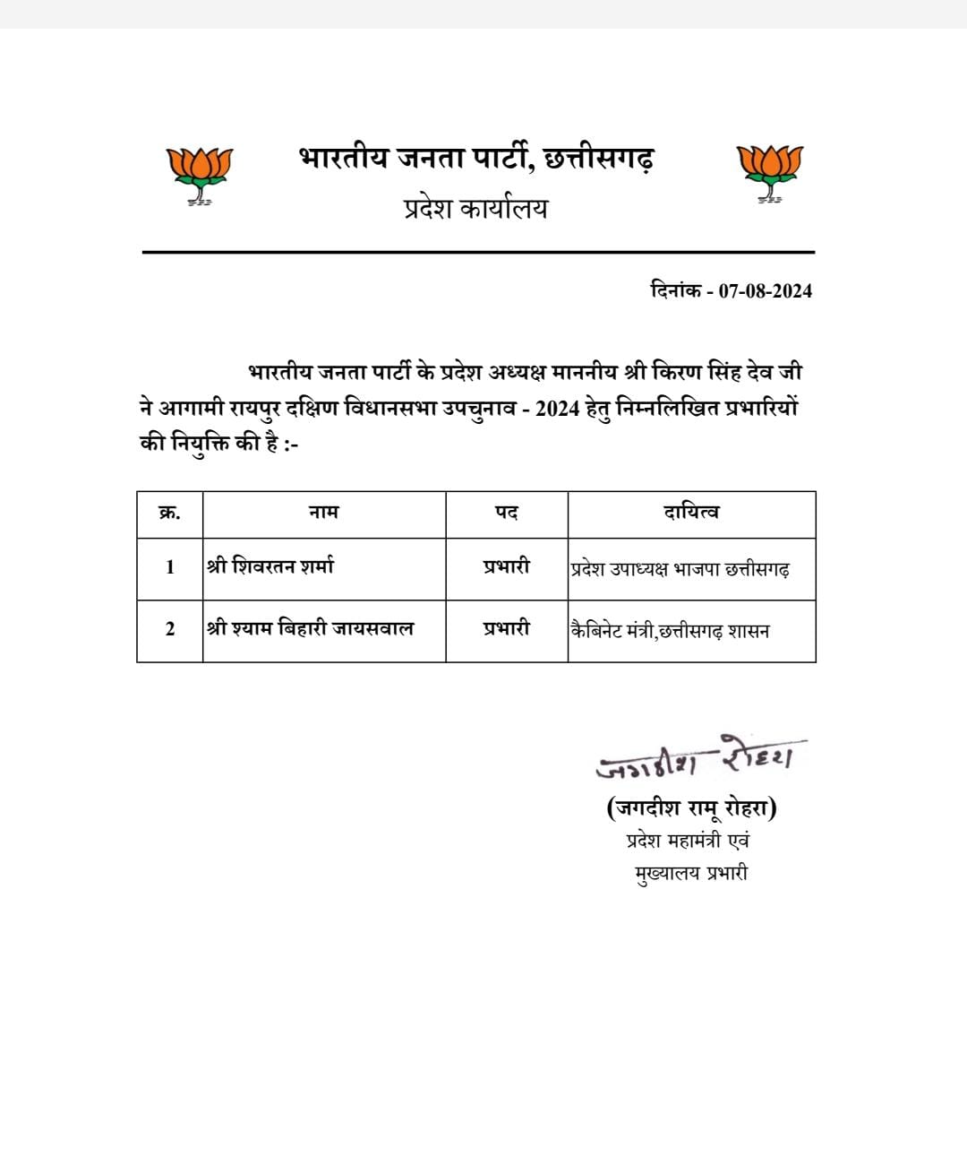 Letter issued by BJP