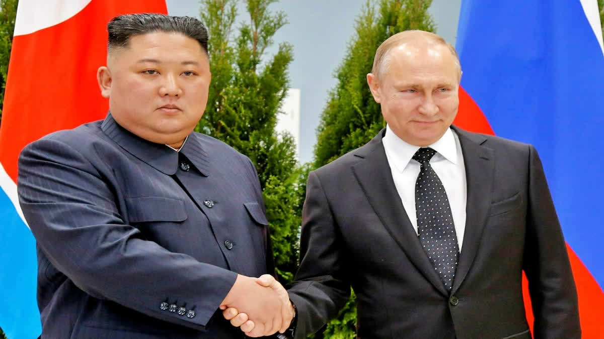 Russian President Vladimir Putin, right, and North Korea's leader Kim Jong Un shake hands during their meeting in Vladivostok, Russia on April 25, 2019. Kim may travel to Russia for a summit with Putin, a U.S. official said, in a trip would underscore deepening cooperation as the two leaders are locked in separate confrontations with the U.S. (AP Photo/ File)