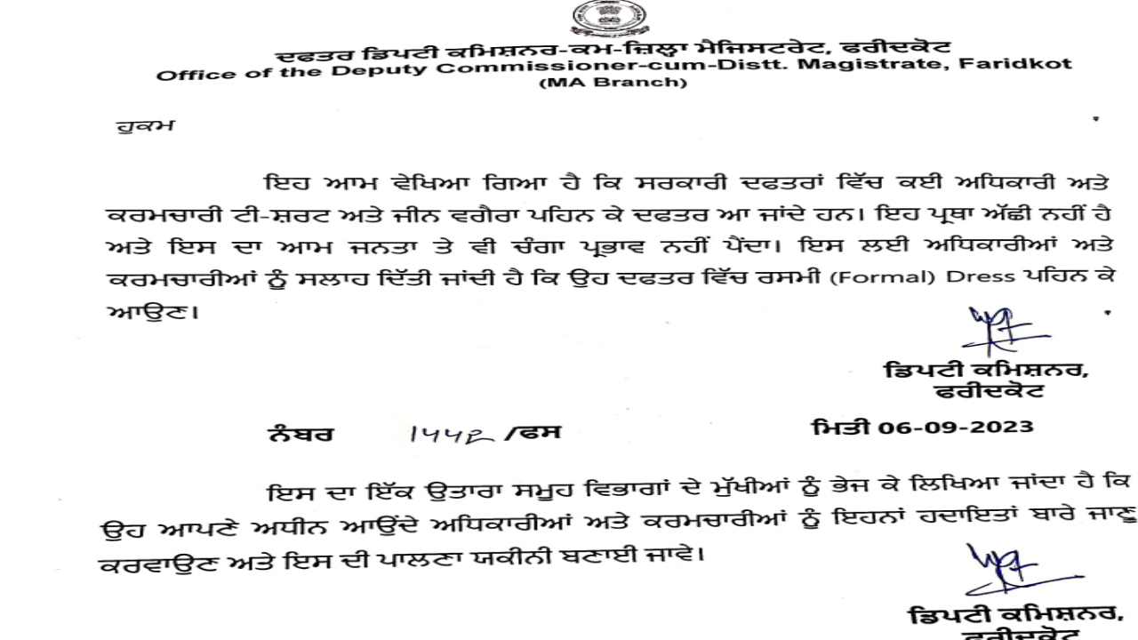 Wearing jeans and t-shirt in offices is banned, Faridkot DC issued an order