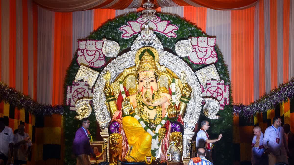 A view of the Golden Ganesha idol decorated with 66 kgs Gold, 336 kgs Silver during the GSB Seva Mandal's 70th Shree Ganeshotsav celebrations ahead of Ganesh Chaturthi festival, at King Circle in Mumbai.