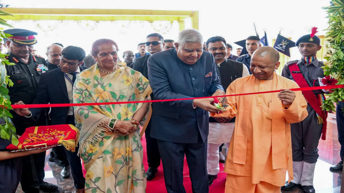 Vice President Jagdeep Dhankhar and Uttar Pradesh Chief Minister Yogi Adityanath inaugurate Sainik School, in Gorakhpur on Saturday. Jagdeep Dhankhar's wife Sudesh Dhankhar also seen.