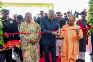 Vice President Jagdeep Dhankhar and Uttar Pradesh Chief Minister Yogi Adityanath inaugurate Sainik School, in Gorakhpur on Saturday. Jagdeep Dhankhar's wife Sudesh Dhankhar also seen.