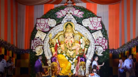 A view of the Golden Ganesha idol decorated with 66 kgs Gold, 336 kgs Silver during the GSB Seva Mandal's 70th Shree Ganeshotsav celebrations ahead of Ganesh Chaturthi festival, at King Circle in Mumbai.