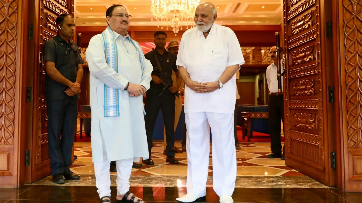 Etv Bharat JP Nadda Meets Ramoji Rao at RFC Hyderabad  JP Nadda at Ramoji Film City  JP Nadda Hyderabad  JP Nadda Telangana  ജെപി നദ്ദ റാമോജി ഫിലിം സിറ്റിയിലെത്തി  ജെപി നദ്ദ റാമോജി റാവു കൂടിക്കാഴ്‌ച  റാമോജി റാവു  റാമോജി ഫിലിം സിറ്റി