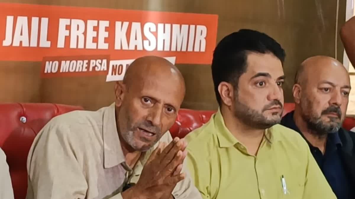 Engineer Rashid (L) addresses presser ahead of J-K assembly election results in Srinagar on Monday October 7, 2024