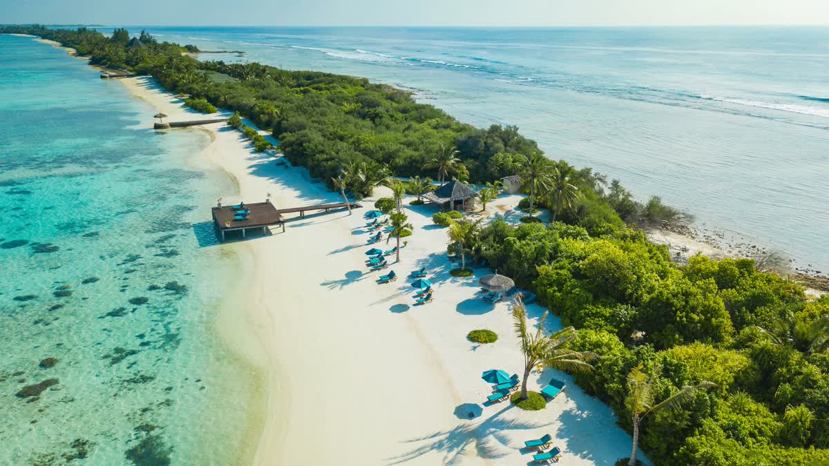 Aerial view of Canareef Resort Maldives, Herathera island, Addu atoll.