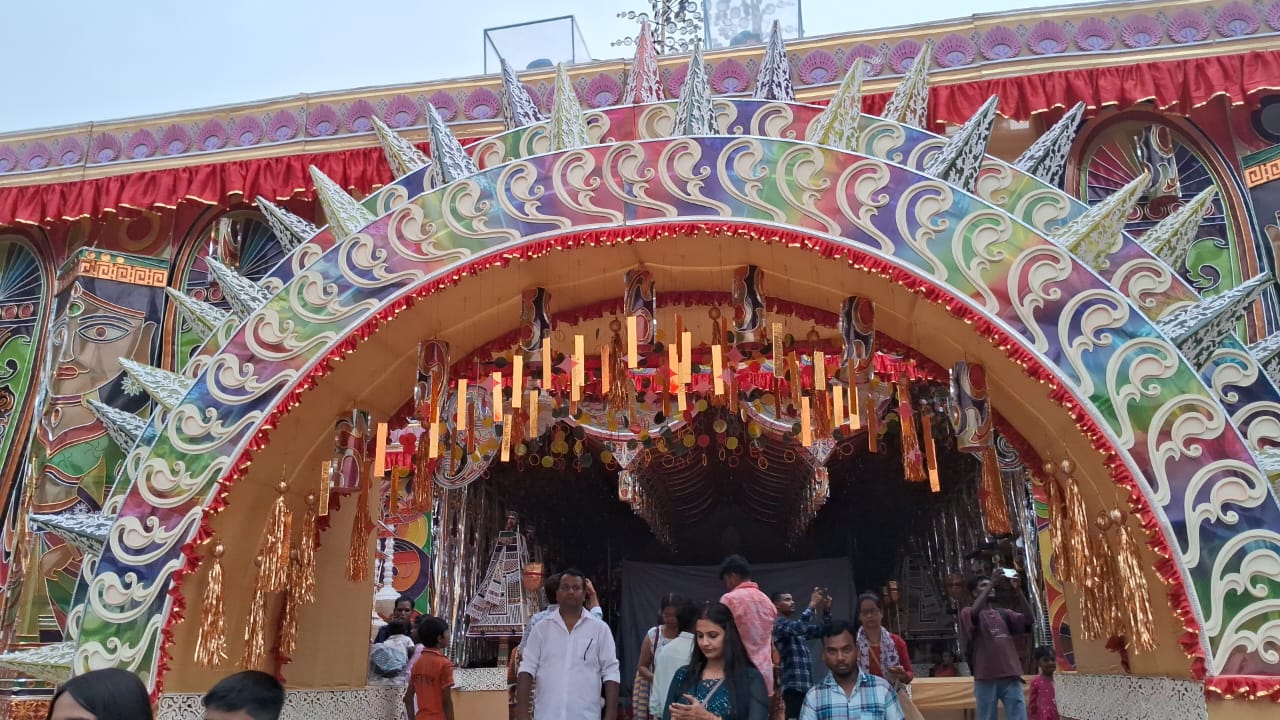 Durga Puja pandal built on Ranger Khela theme at Harmu Panch Mandir in Ranchi