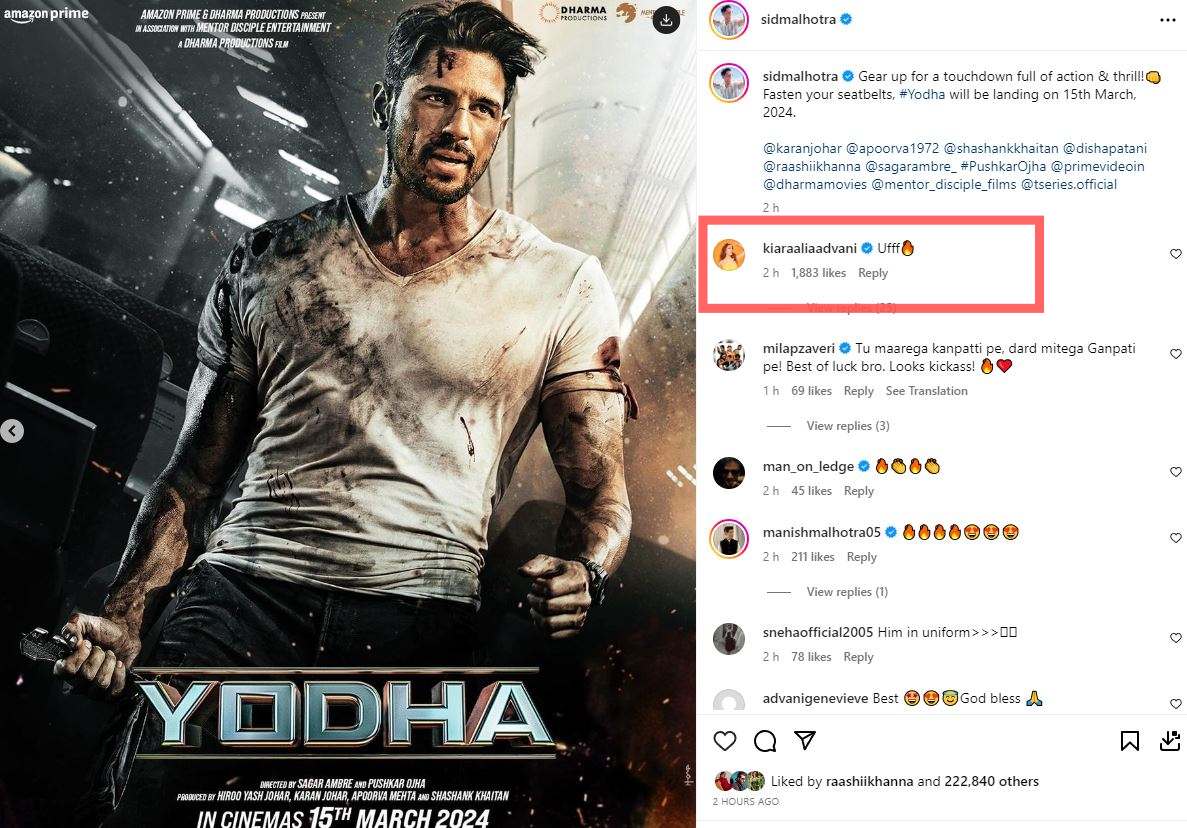 Kiara Advani reacts to Sidharth Malhotra's new posters from Yodha