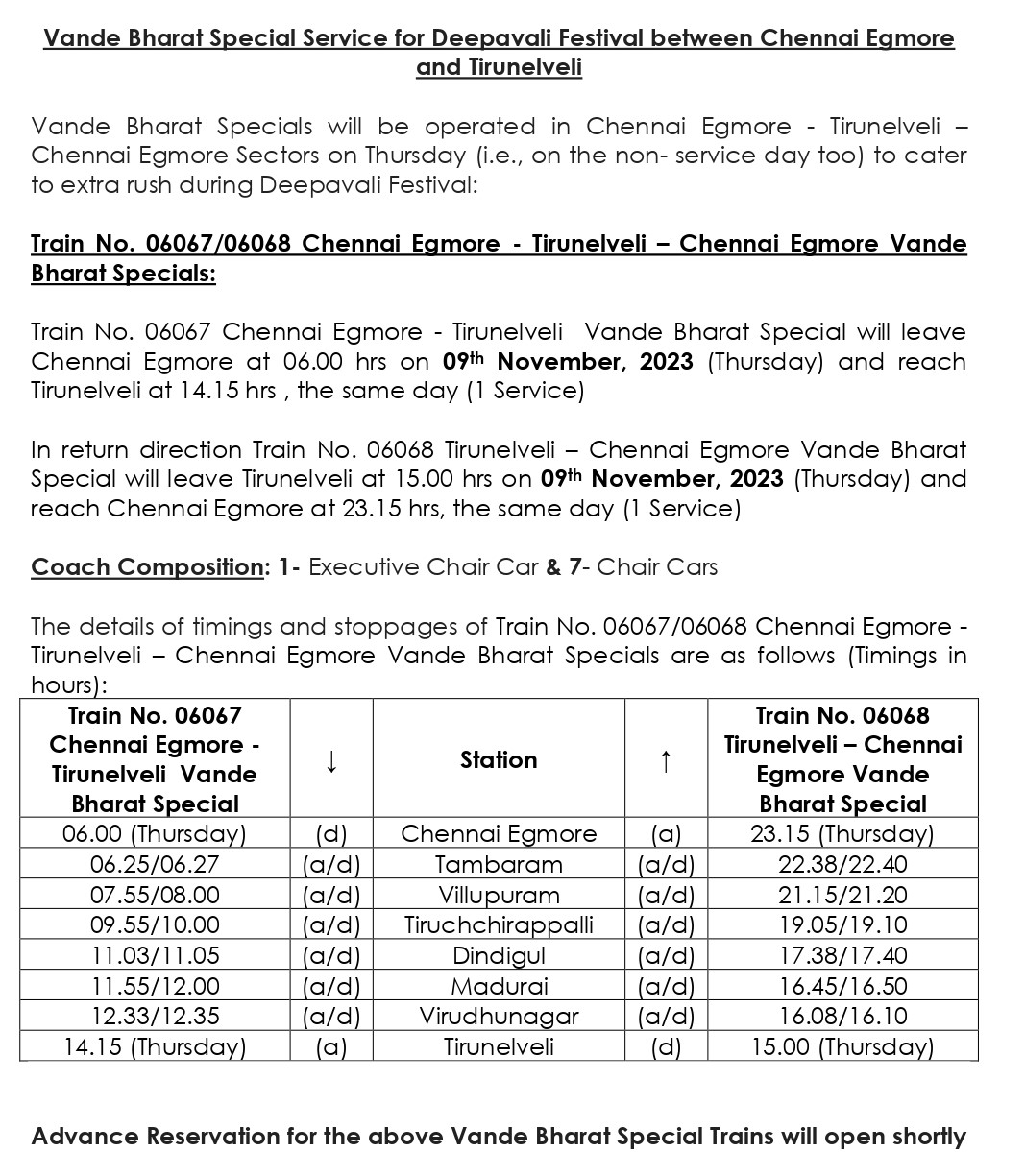 Southern Railway announced Chennai to tirunelveli Vande Bharat special train for Diwali