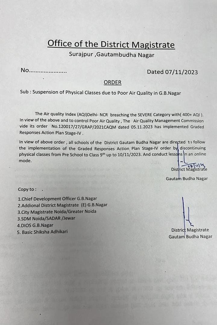 गौतम बुद्ध नगर में AQI 400 के पार, पहली से 9वीं कक्षा तक के स्कूल 10 नवंबर तक बंद