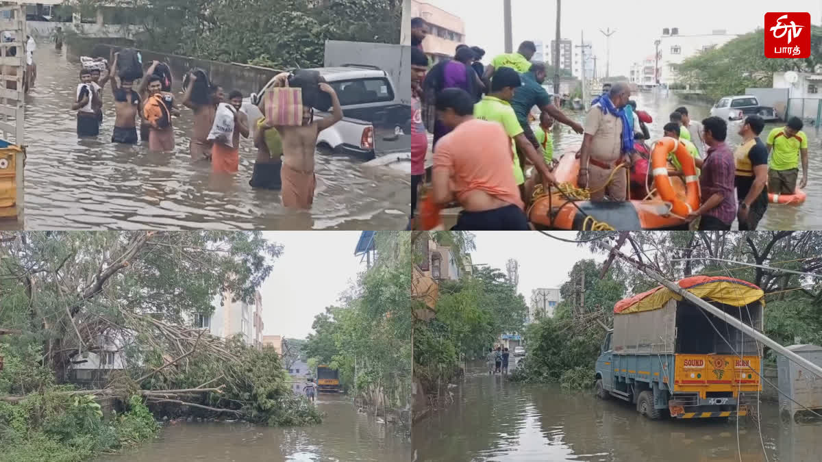 மழை வெள்ளத்தில் மிதக்கும் மக்களை மீட்கும் தீயணைப்புத் துறை