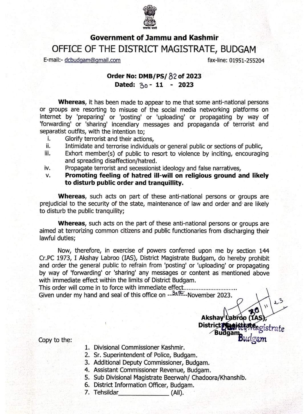 DM Budgam asks Netizens to refrain from misuse of Social-media Networking Platforms