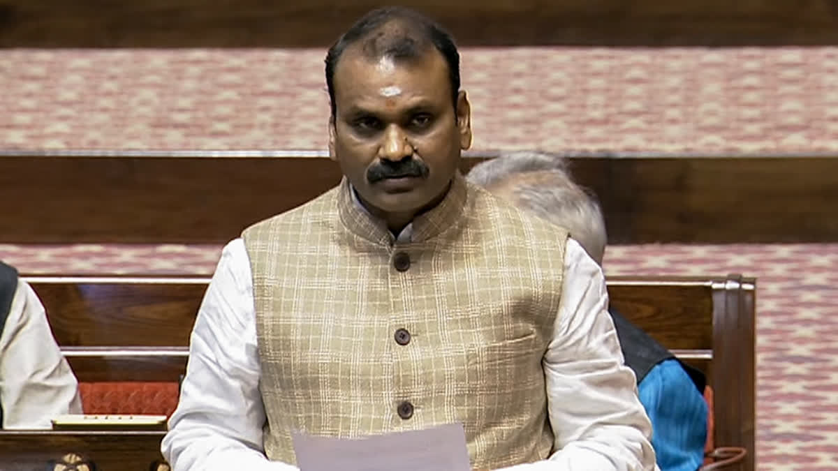 Union Minister of State for Information and Broadcasting L Murugan speaks in the Rajya Sabha during the Winter Session of the Parliament, in New Delhi on Friday.