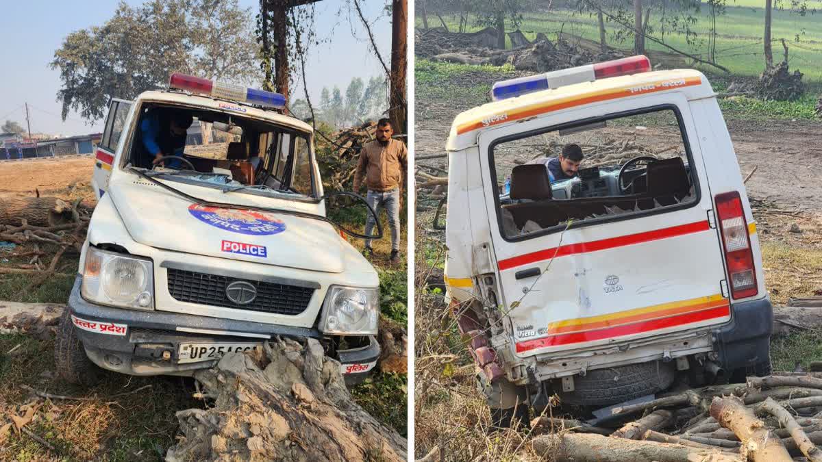 पुलिस वाहन को अज्ञात वाहन ने मारी टक्कर