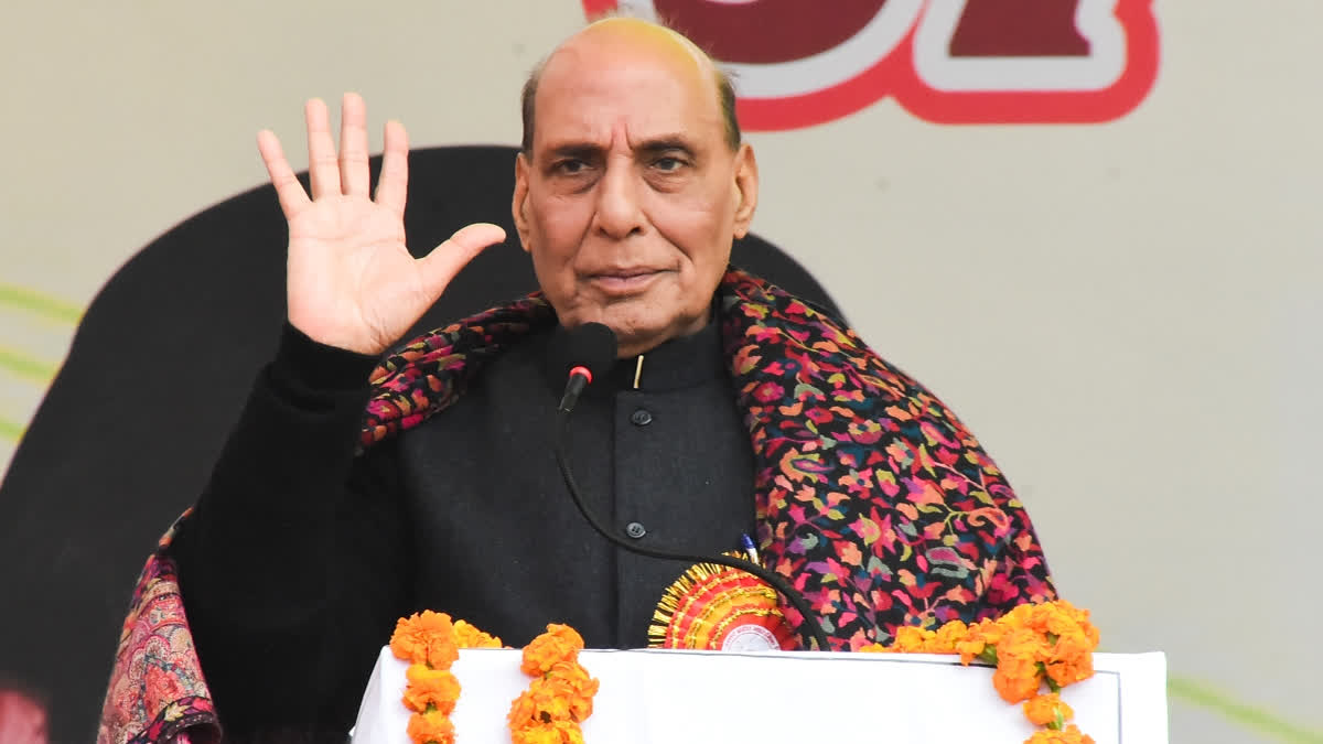 Defence Minister Rajnath Singh addresses a gathering during the 57th conference of the Uttar Pradesh Secondary Teacher's association, in Agra, Uttar Pradesh, Tuesday, Jan. 7, 2025.