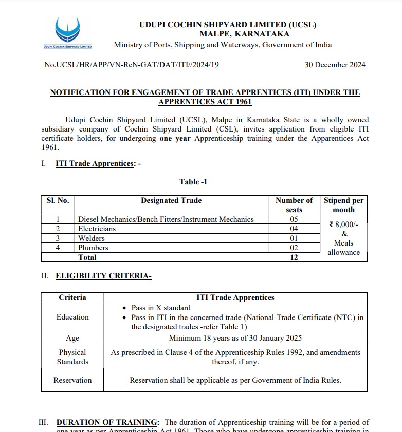 Apprentice Trainee Recruitment in MRPL and Udupi Cochin Shipyard Limited