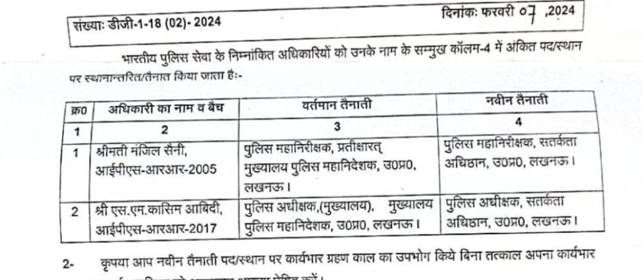 आईपीएस मंजिल सैनी और कासिम आबिदी का ट्रांसफर आदेश