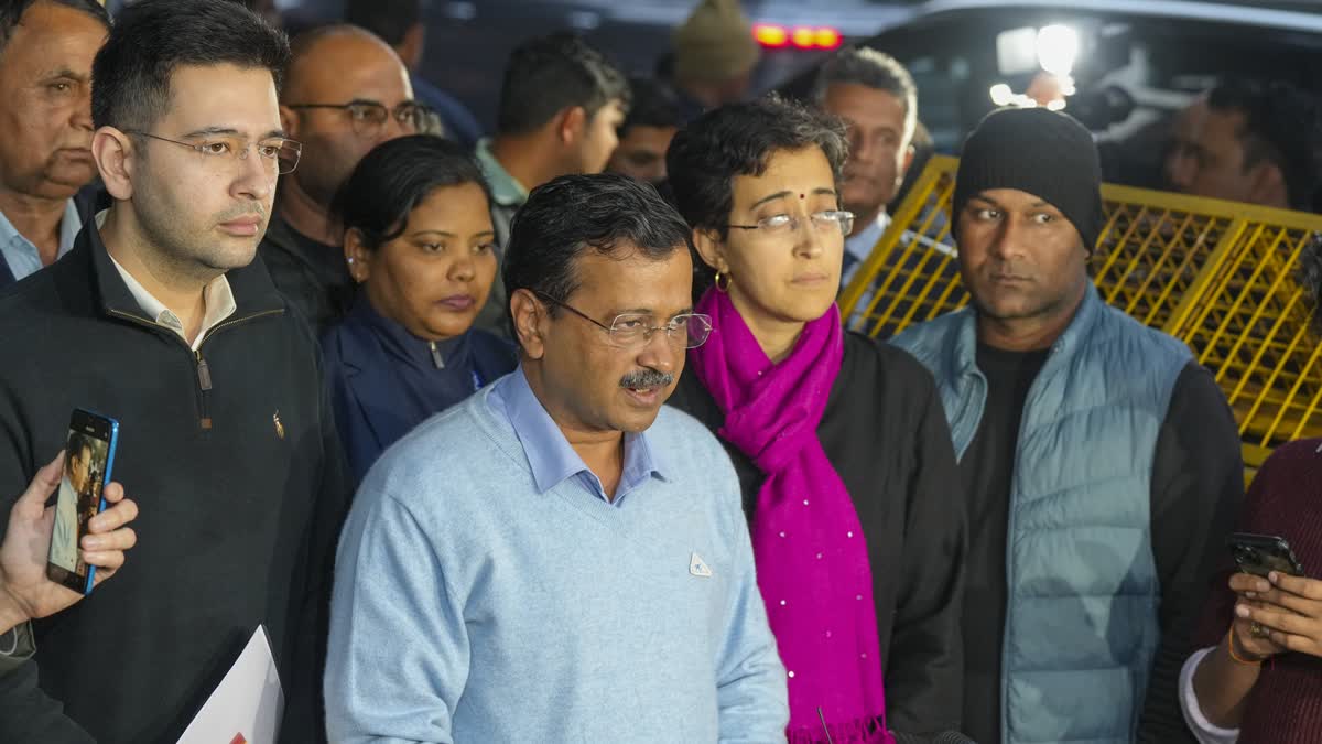 AAP Convenor Arvind Kejriwal with Delhi Chief Minister Atishi, party MP Raghav Chadha and others addresses the media after a meeting with the Election Commission, in New Delhi