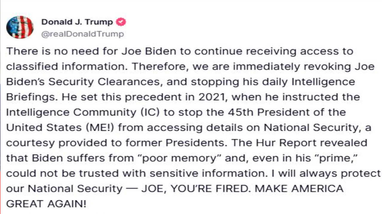 Trump takes major action against Biden as soon as he becomes president, cancels security clearance