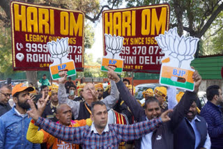 BJP supporters are celebrating the party's lead in the Delhi Assembly polls during the counting of votes as early trends show BJP returning to power.