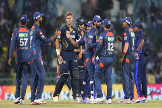 Lucknow Super Giants' players congratulate each others after defeating Gujarat Titans in the Indian Premier League cricket match in Lucknow, India, Sunday, April 7, 2024.